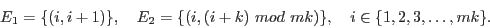 \begin{displaymath}E_1 = \{(i, i+1)\},\quad E_2 = \{(i, (i+k)~mod \ mk)\}, \quad i \in \{1, 2, 3,\ldots, mk\}.\end{displaymath}